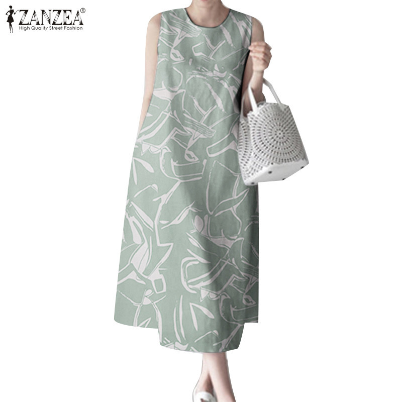 Zanzea ผู ้ หญิงเกาหลีความยาวกลางลูกวัวกระเป ๋ า Line พิมพ ์ ชุดเดรส Hem