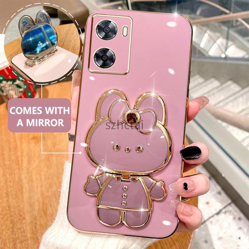 โทรศัพท์มือถือชุบหรู oppo a57 2022 a77s a77 a57e น่ารักรูปกระต่ายกรณีโทรศัพท์กับ 360 องศาหมุนผู้ถือกรณีกับกระจกเครื่องสำอาง เคส oppo a57 2022 a77s a77 a57e