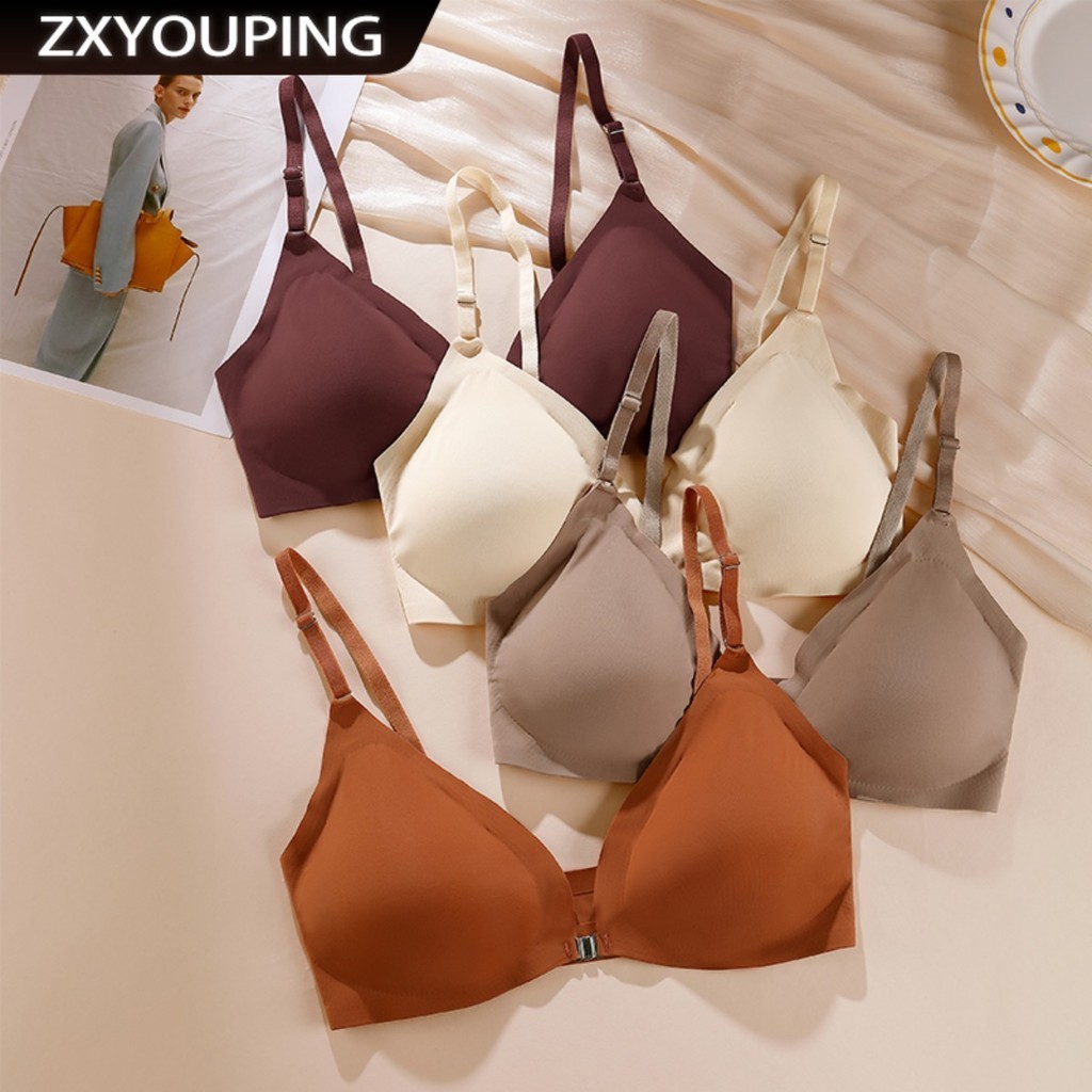 Zxyouping ผู้หญิงชุดชั้นในไร้รอยต่อเต้านมขนาดเล็ก Push Up Bra เซ็กซี่ปุ่มด้านหน้า Bra ผ้าไหมน้ําแข็งบางชุดชั้นในไร้สายชุดชั้นใน