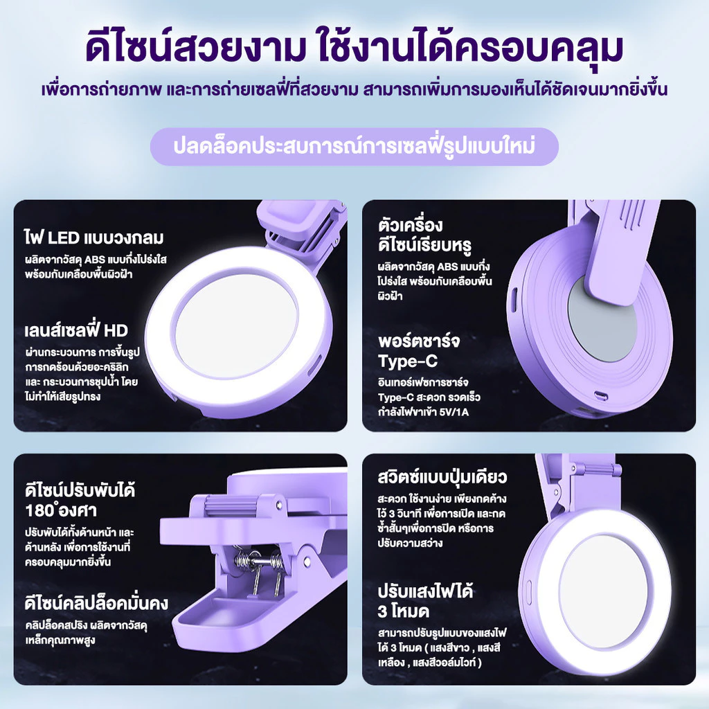 【Shizhua ของแท้】ไฟหนีบมือถือ ไฟเซลฟี่โทรศัพท์ เหมาะสำหรับแท็บเล็ตและสมาร์ทโฟนทำให้การเซลฟี่สะดวกและชัดเจนยิ่งขึ้น thumbnail 4