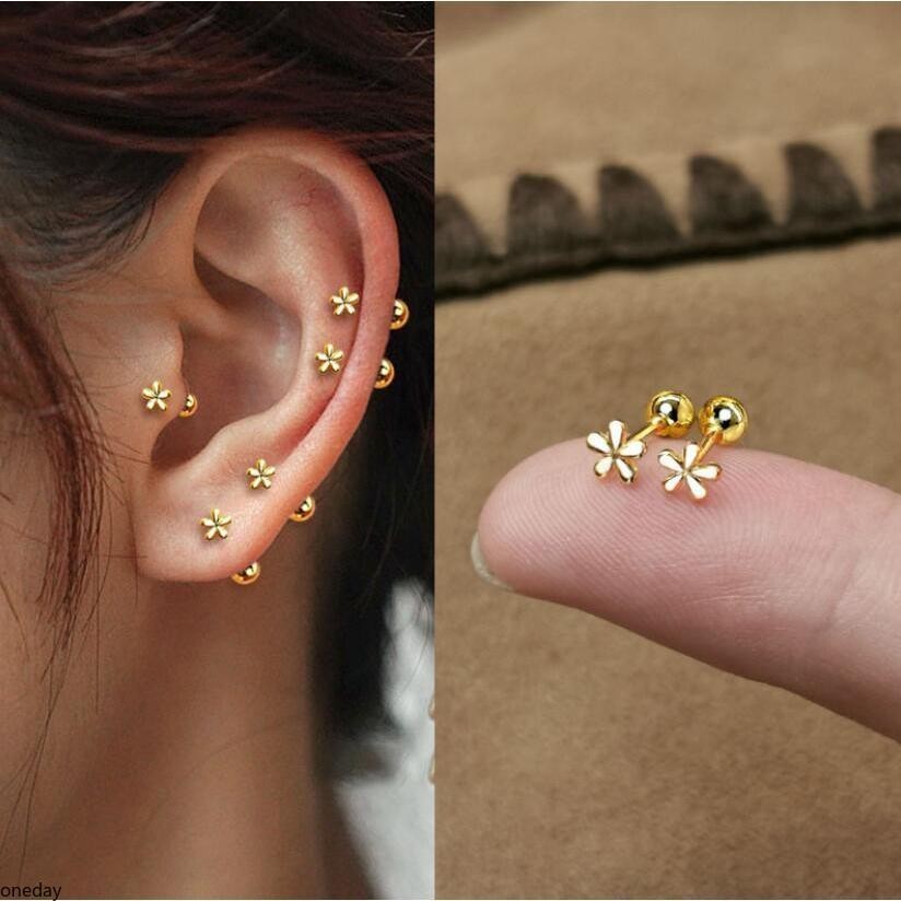 Oneday Temperament Flower Ear Bone Stud Summer Screw Twist ต ่ างหู