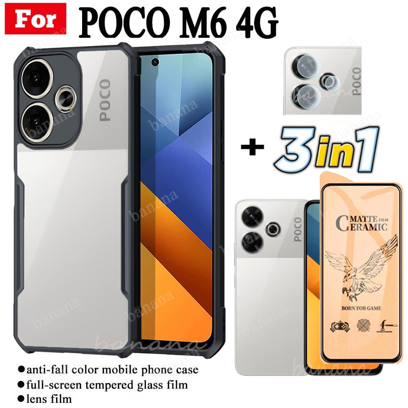 3 ใน 1 Poco M6 4G เคสโทรศัพท์กันกระแทกสําหรับ Poco M6 Pro 4G F6 F6 Pro X6 Pro เซรามิค Frosted ฟิล์ม 