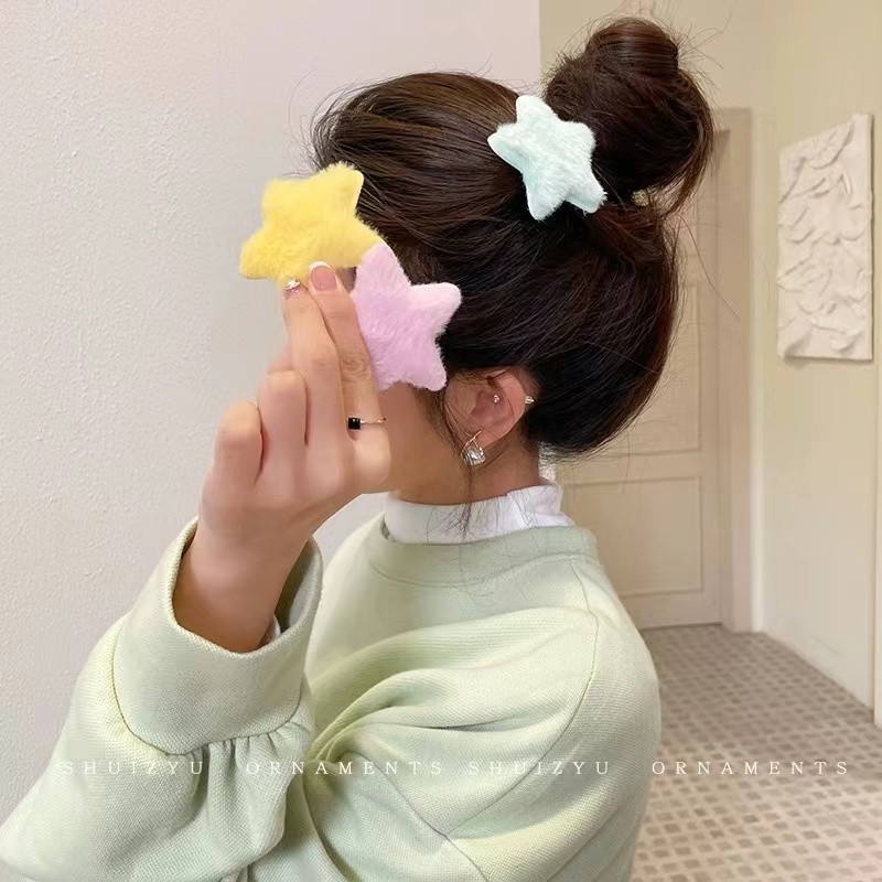 Simple Five-pointed Star Plush Hairpin น ่ ารักอเนกประสงค ์ Bangs คลิปสาวคลิปด ้ านข ้ างหักผม Duckbill คลิป