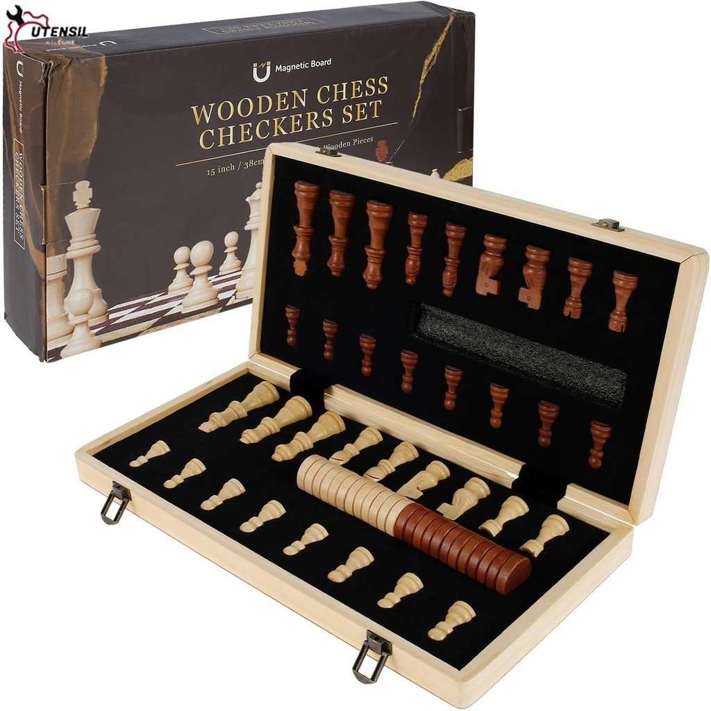 56ชิ้น 2-in-1 หมากรุกและชุดหมากฮอสเกมหมากรุกชุดไม้ หมากรุกกระดานแม่เหล็กกล่องพับได้ ของเล่นสำหรับครอบครัวกลยุทธ์
