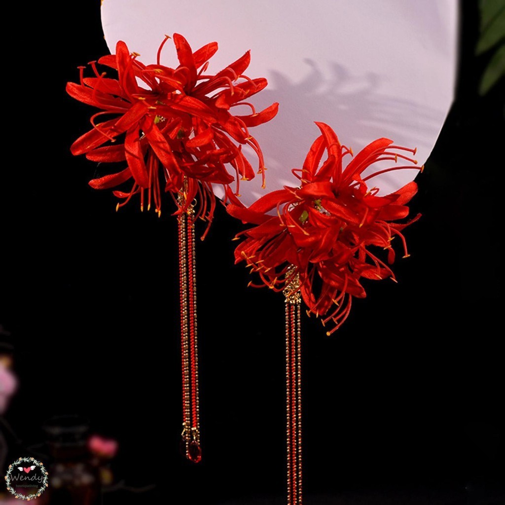 ดอกไม้งานแต่งงาน Elegance Hairpin Fine Workmanship Red Magic Lily พู่ Hairpin