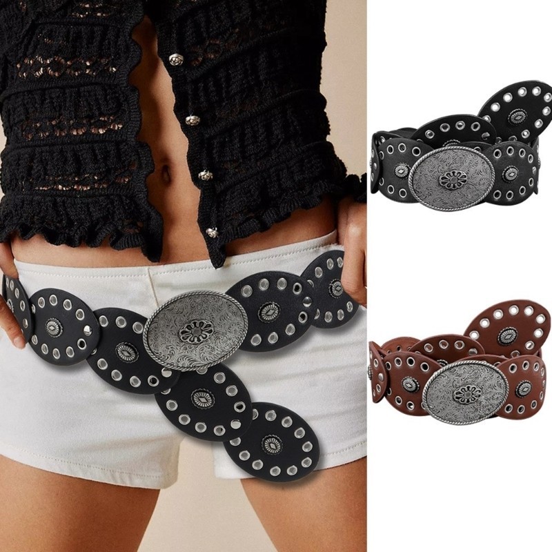 Whi กว้างเข็มขัดสําหรับผู้หญิงเอวโซ่ Belly Chain Grommet เอว Western Oval เข็มขัด Western Belly CHAI