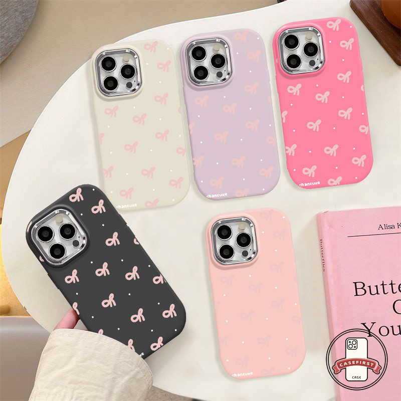 การ์ตูนโบว์โบว์น่ารักเลนส์โลหะชุบเคสอ่อนเข้ากันได้กับ IPhone 11 14 15 13 12 Pro Max XR X XS Max 15 7 14 8 Plus 7Plus SE
