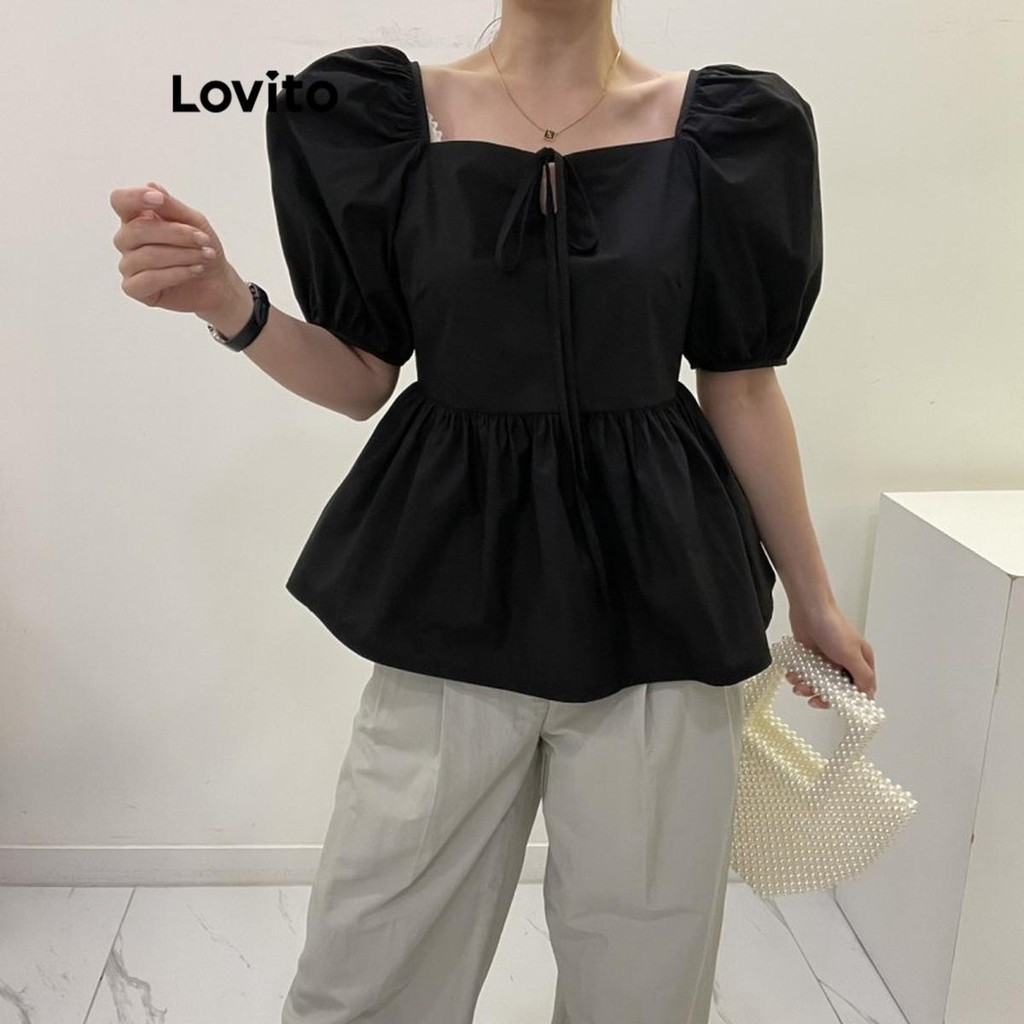 Lovito เสื้อเบลาส์ผู้หญิง แต่งโบว์ สีพื้น สไตล์ลำลอง LNA55047
