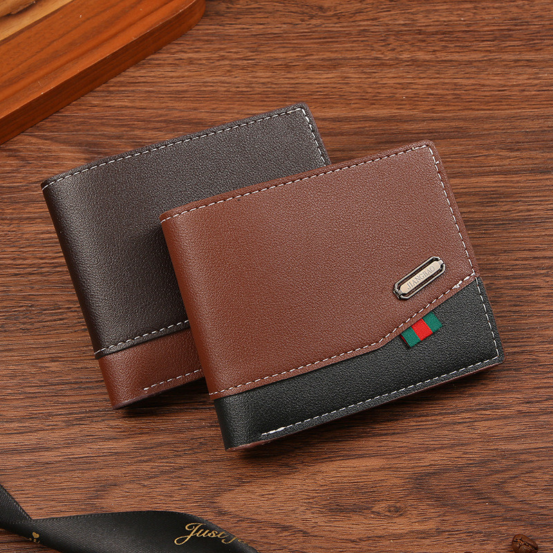 กระเป๋าผู้ชายกระเป๋าสตางค์สั้น Spliced Retro Mens Leather Clip USD Bag Multi Card กระเป๋าสตางค์หนังน