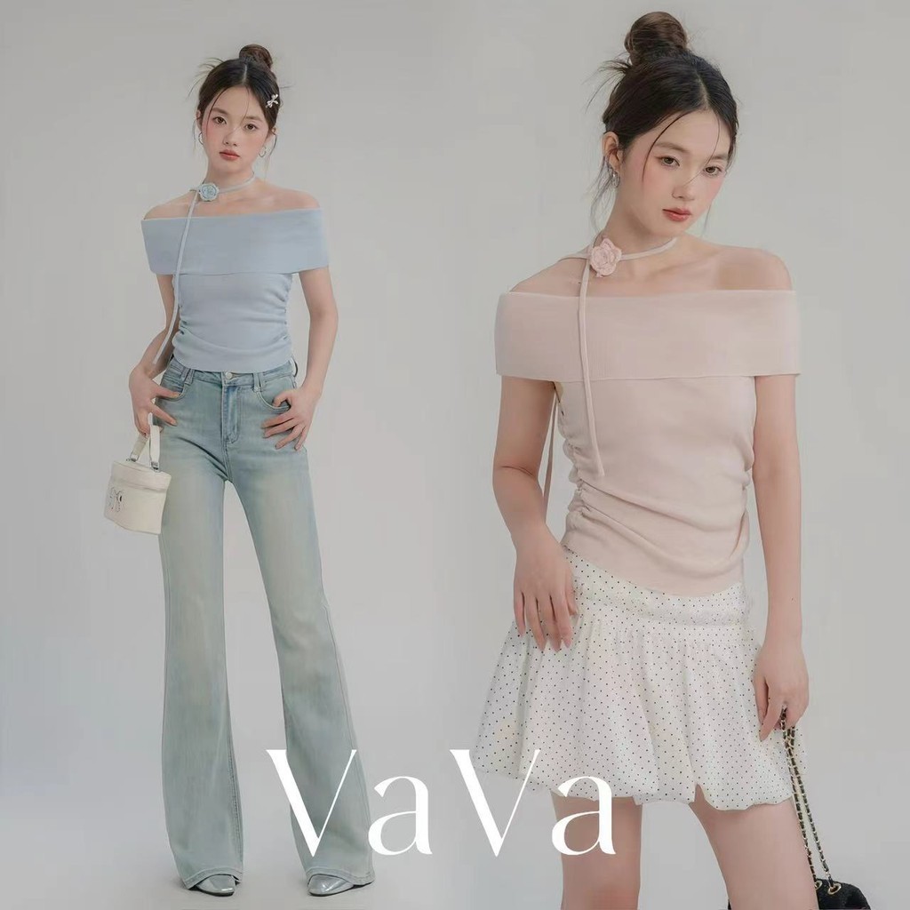 VaVa  พร้อมส่ง Sweet Tea Diary ~VaVa  พร้อมส่ง Sweet Tea Diary ~ เสื้อเซ็กซี่ เปิดไหล่ ผ้าไหมพรม แขนสั้นสีพื้น sexy lad