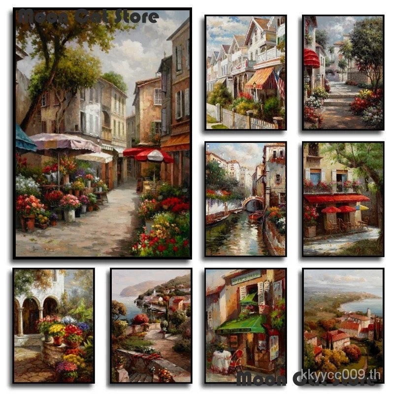 งานศิลปะที่มีชื่อเสียงคลาสสิกยุโรป Street Venice ภูมิทัศน์โปสเตอร์ Cafe Garden ผ้าใบภาพวาด Wall Art 