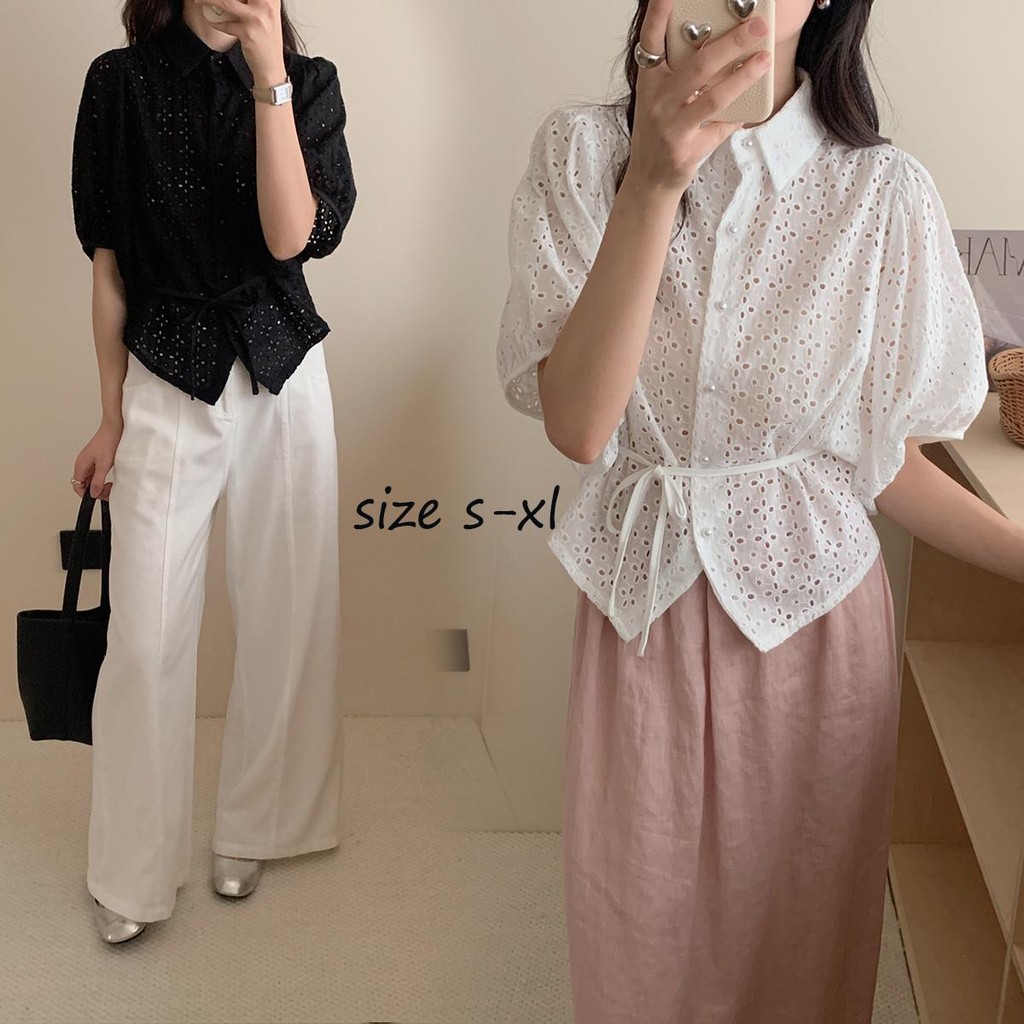 mimi&didi#เสื้อลูกไม้แขนสั้น เสื้อเชิ้ตคอปกแขนบอลลูน ปักฉลุทั้งตัว กระดุมมุกผ่าหน้า มีริบบิ้นโบว์ให้