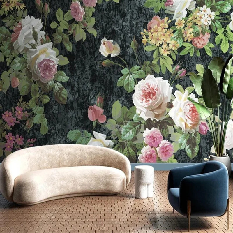 วอลล์เปเปอร์ดอกไม้ที่กําหนดเองอเมริกัน Pastoral ดอกไม้กระดาษติดผนัง 3D ตกแต่งบ้าน Rose Wall กระดาษสําหรับห้องนั่งเล่นห้องนอนผนัง 3D