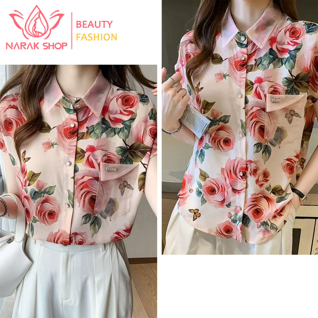 เสื้อเชิ้ตแขนสั้นผ้าชีฟองลายดอกไม้สดใส