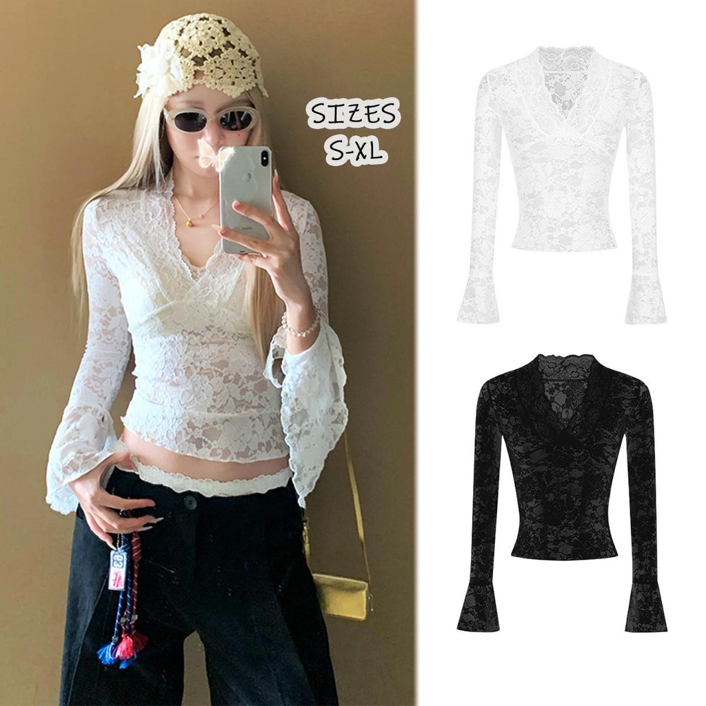 KOKO#เสื้อเชิ้ตลูกไม้ คอวี ดีไซน์สวย เซ็กซี่และน่ารัก ดีไซน์บางและบาง เอว เสื้อซีทรู สไตล์ลำลอง#W578