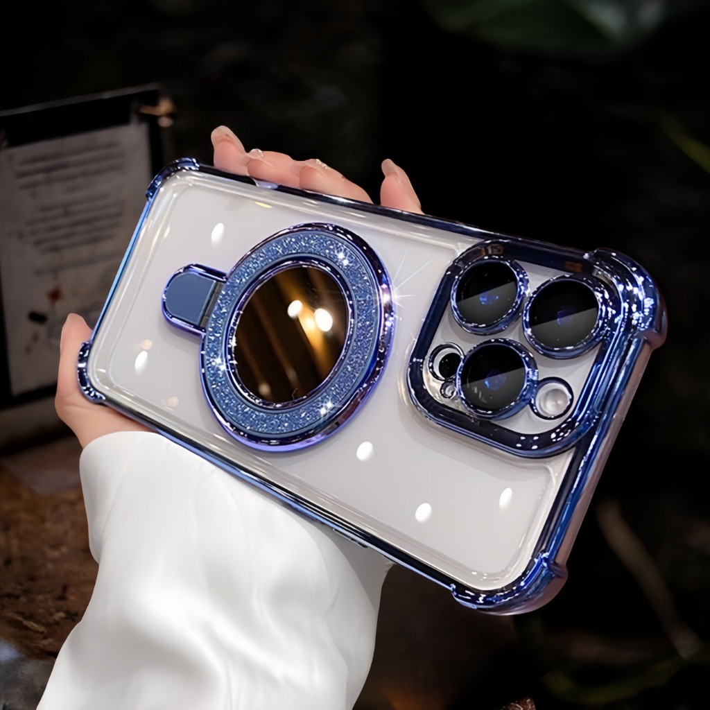 เคสยืนแวววาวชุบสําหรับ iPhone 16 15 14 Plus 13 12 11 Pro Max เคสแข็งอะคริลิคใสกันกระแทก - รูปที่ 6