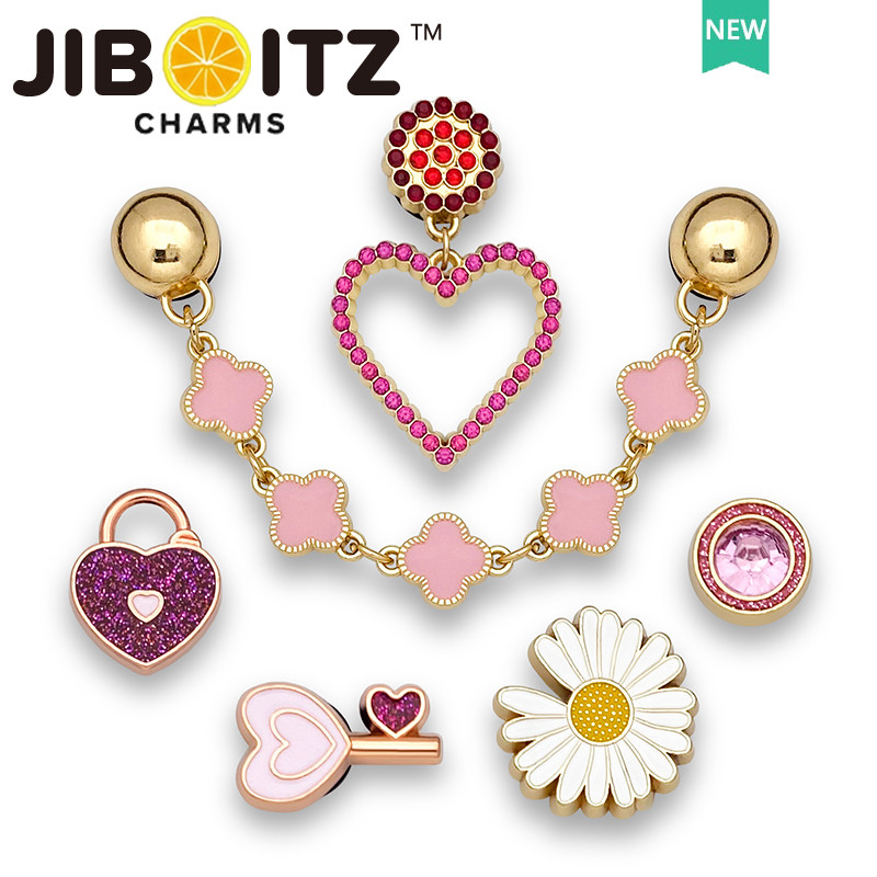 JIBBITZ cross charms ตัวติดรองเท้า โซ่เพชรดอกไม้สีชมพู ตัวติดรองเท้า cross