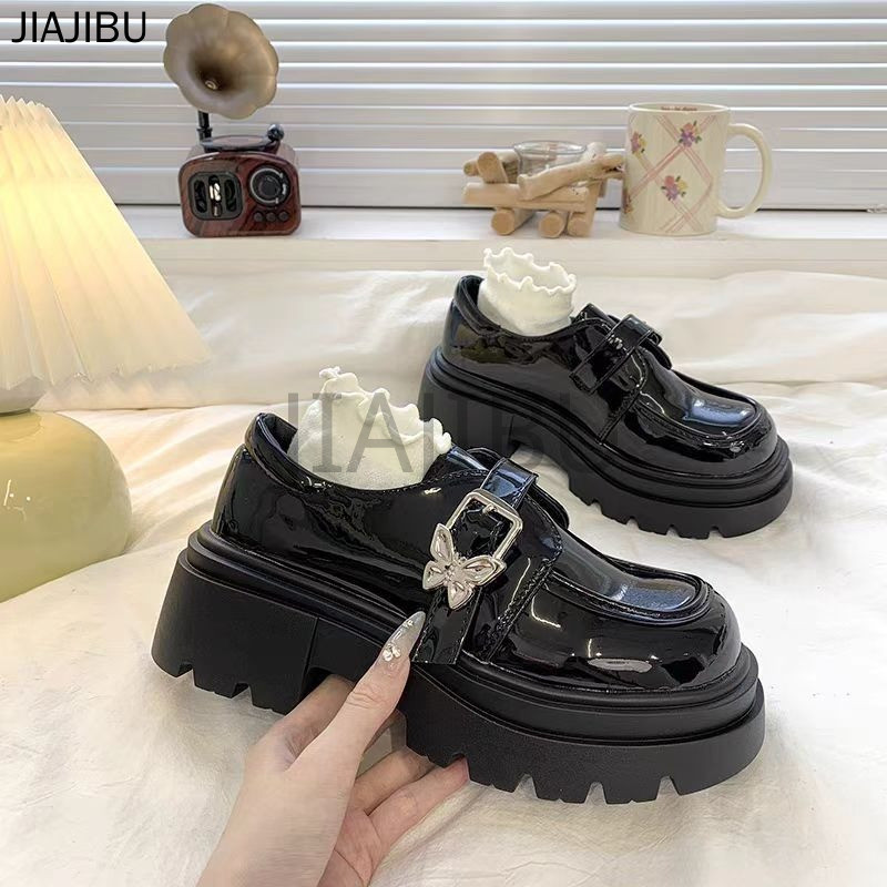 Size 34-46 Large Size Women Shoes 42 British College Style Non-slip JK Chunky Heel Small Leather Shoes 44 Korean Fashion Platform Mary Jane Shoes 43 Black School Shoes Retro Japanese Butterfly Buckle Lolita Doll Shoes French Casual Cosplay Princess Shoes