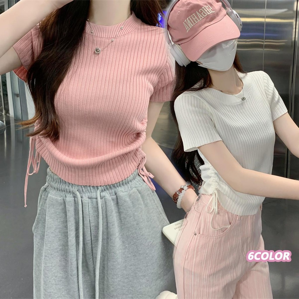 Anna เสื้อยืดแขนสั้นคอกลมสีชมพู ผ้าถัก ดีไซน์เชือกรูดคู่ด้านข้าง เสื้อผ้าสไตล์เกาหลี สวมใส่สบาย #D401