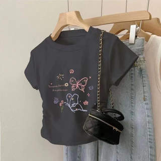 [พร้อมส่งจากกรุงเทพ] เสื้อยืดแขนสั้น เอวจั้ม เสื้อเอวจั้ม เสื้อยืดผู้หญิง ลายสกรีน เสื้อยืดได้เยอะมาก ผ้าไม่หนา ใส่สบาย