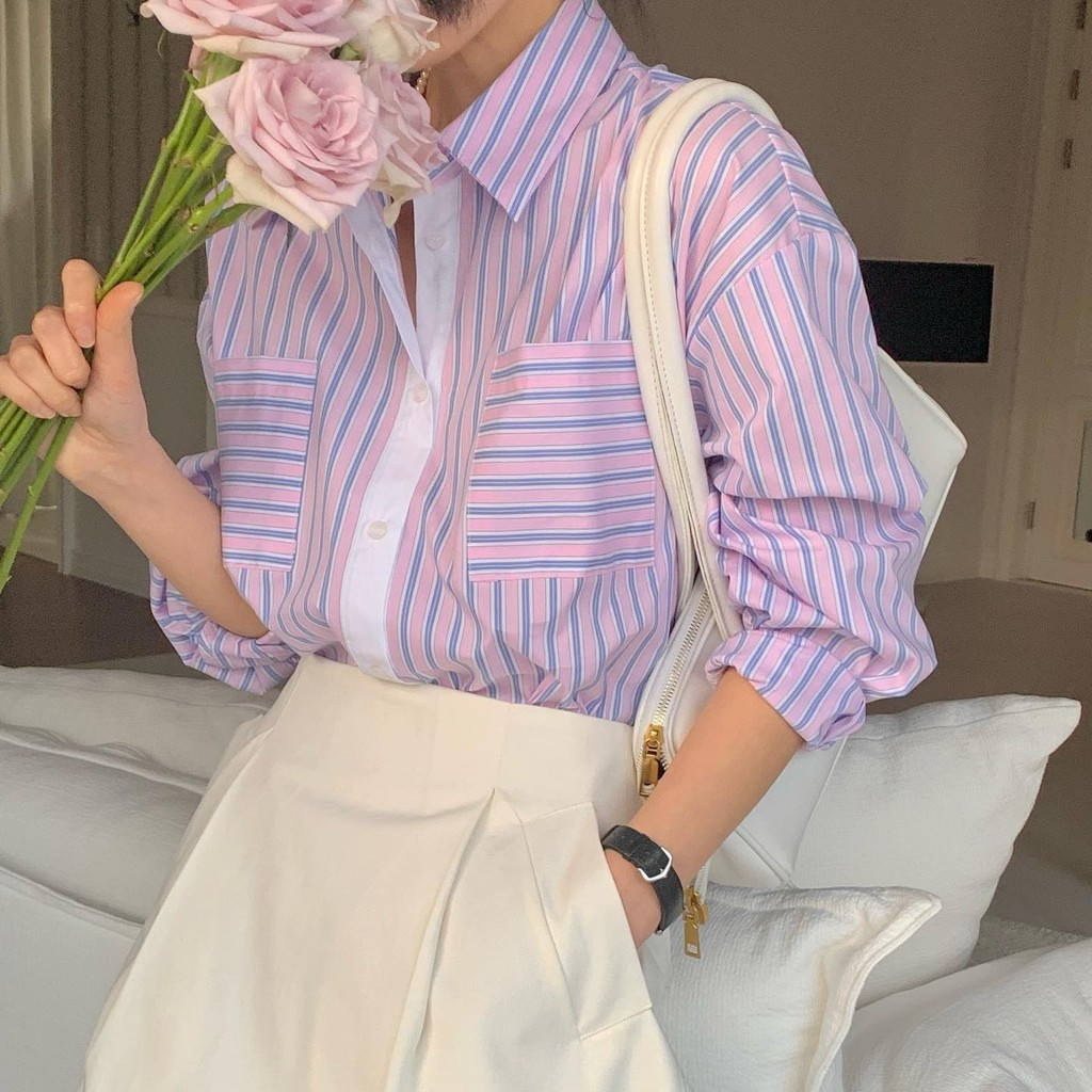 ฤดูใบไม้ผลิเกาหลี สไตล์เรโทร คอปกพับ กระเป๋าคู่ ทรงหลวม คลาสสิก แขนยาวลายทางสำหรับผู้หญิง CDYY NGI8