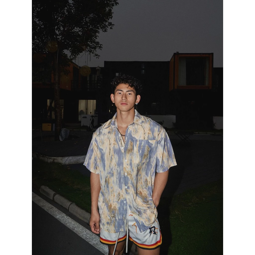 SUIKONE เสื้อเชิ้ตแขนสั้นลายมัดย้อมสไตล์ฮาวาย thumbnail 8