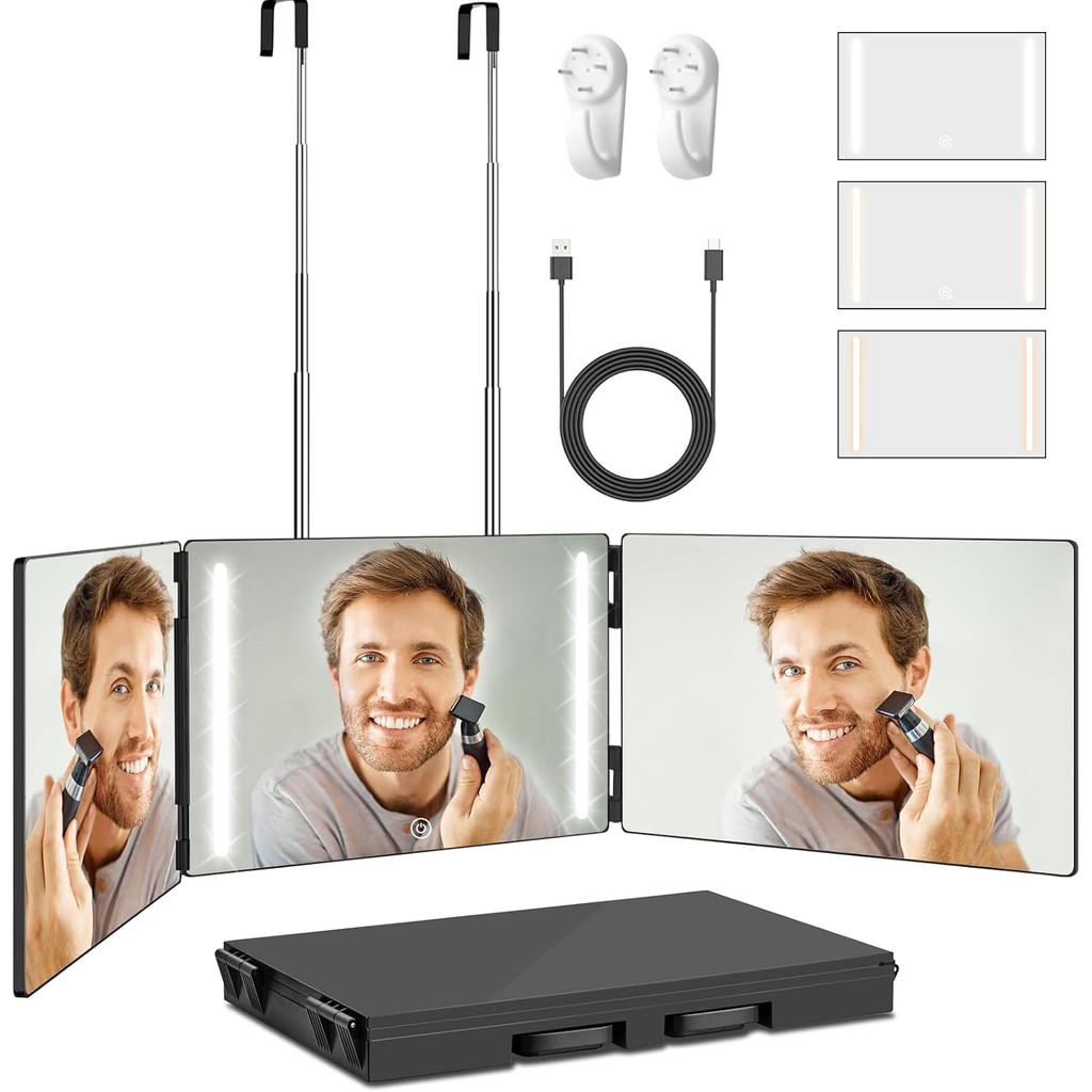 กระจกแต่งหน้า Trifold แบบพกพา 3 ด้าน มีไฟ LED ชาร์จ USB ปรับความสูงได้ ทนทาน พกพาสะดวก พับได้ ใช้ตัดผมด้วยตนเอง DIY