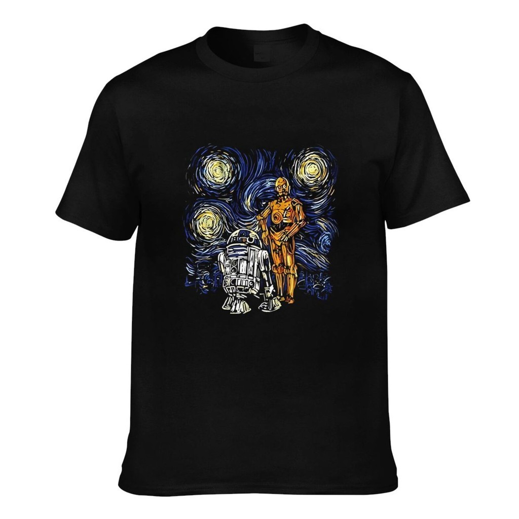 Starry Night R2 C 3Po R2D2 Van Gogh ยอดนิยมที่กําหนดเองเสื้อยืดชาย