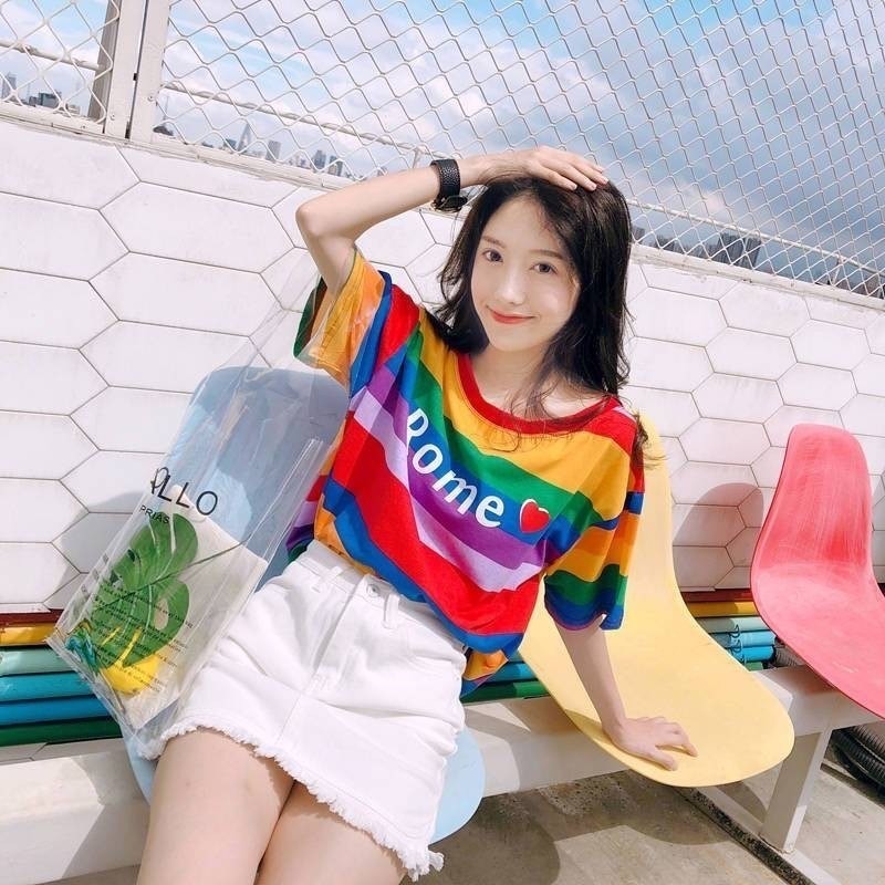 MKL พร้อมส่ง🚚 เสื้อยืดลายทาง สีรุ้ง ทรงหลวม ขนาดใหญ่ใส่สบาย สำหรับผู้หญิง #9024