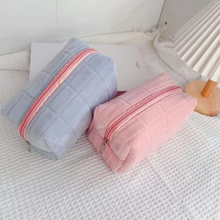 🎀ร้านไทยพร้อมส่ง🎀 กระเป๋าเครื่องสำอางค์ กำมะหยี่ กระเป๋าหมอน กระเป๋าดินสอ สไตล์ญี่ปุ่น ความจุขนาดใหญ่ ลายตาราง BAG04