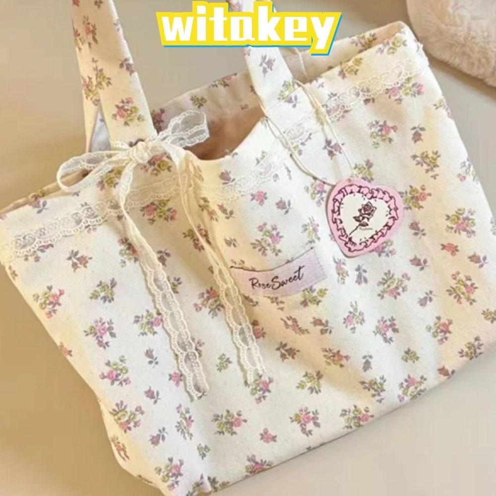 Witakey กระเป๋าสะพายไหล่ กระเป๋าถือ ผ้าแคนวาส พิมพ์ลายโบว์ ขนาดใหญ่ จุของได้เยอะ แฟชั่นสําหรับสตรี