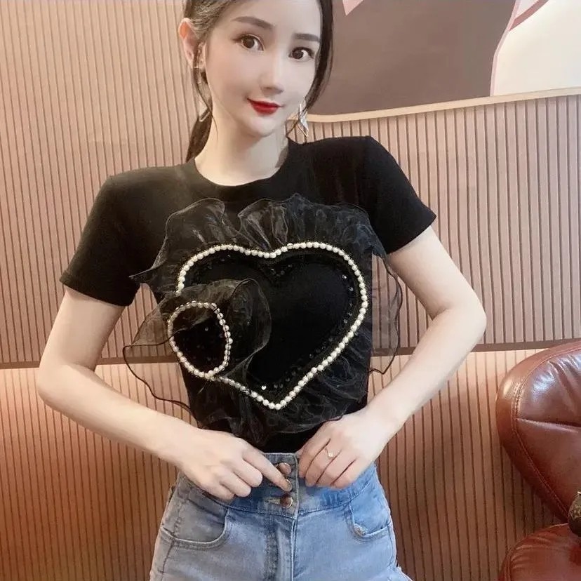 เสื้อยืดแขนสั้น คอวี ทรงหลวม แต่งกระดุม ขนาดใหญ่ สไตล์เกาหลี สําหรับผู้หญิง