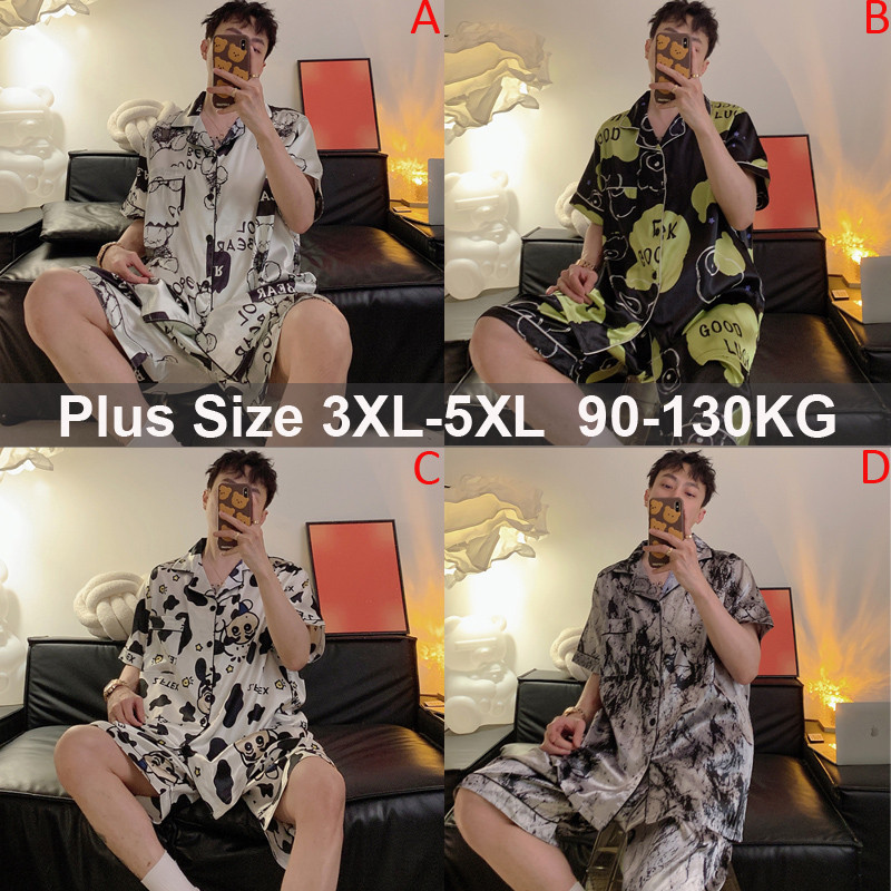 เกาหลีแฟชั่นผู้ชาย Plus ขนาด 3XL-5XL ผ้าไหมซาตินชุดนอนแขนสั้น Homewear
