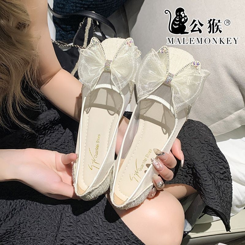 Spot Goods#Male Monkey Mesh Breathable Flat Shoes Female2024Summer New All-Matching Fairy Style Rhinestone Low-Cut Peas Boat Shoes4.28LL
