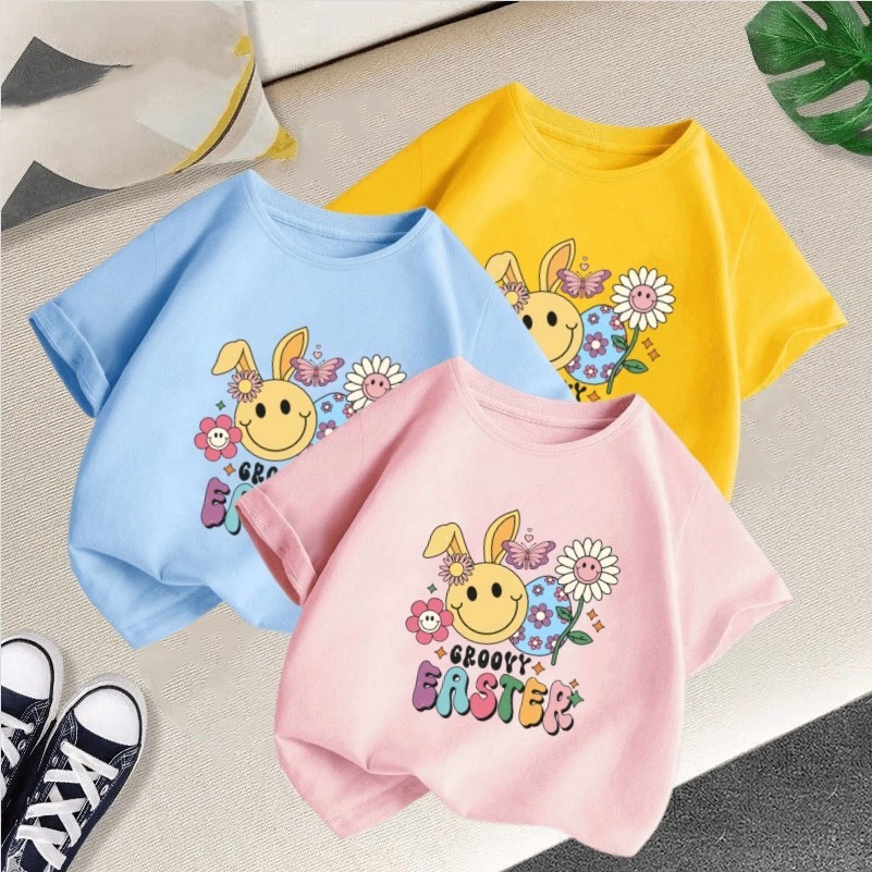 3-12ปีลูกอมสีการ์ตูนพิมพ์สาวแขนสั้นเสื้อยืดนุ่มรอบคอเด็กด้านบนทุกการแข่งขันสบายๆเด็กเสื้อผ้าฤดูร้อน