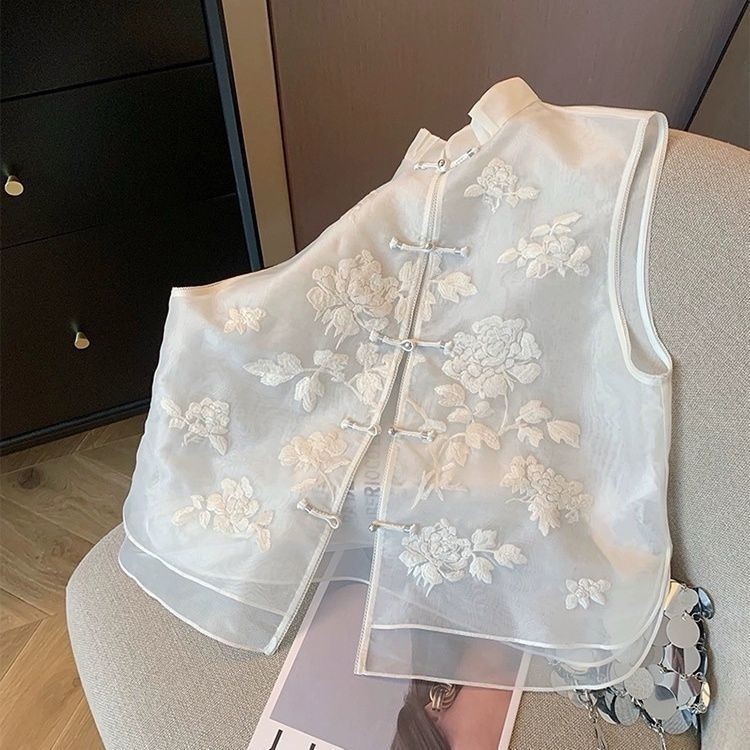 2024 South Oil High-End ผู ้ หญิงสไตล ์ จีนใหม ่ ปัก Organza Stand-Up Collar Buttoned เสื ้ อกั ๊ กผู ้ หญิงฤดูใบไม ้ ผลิสไตล ์ จีน 5.3