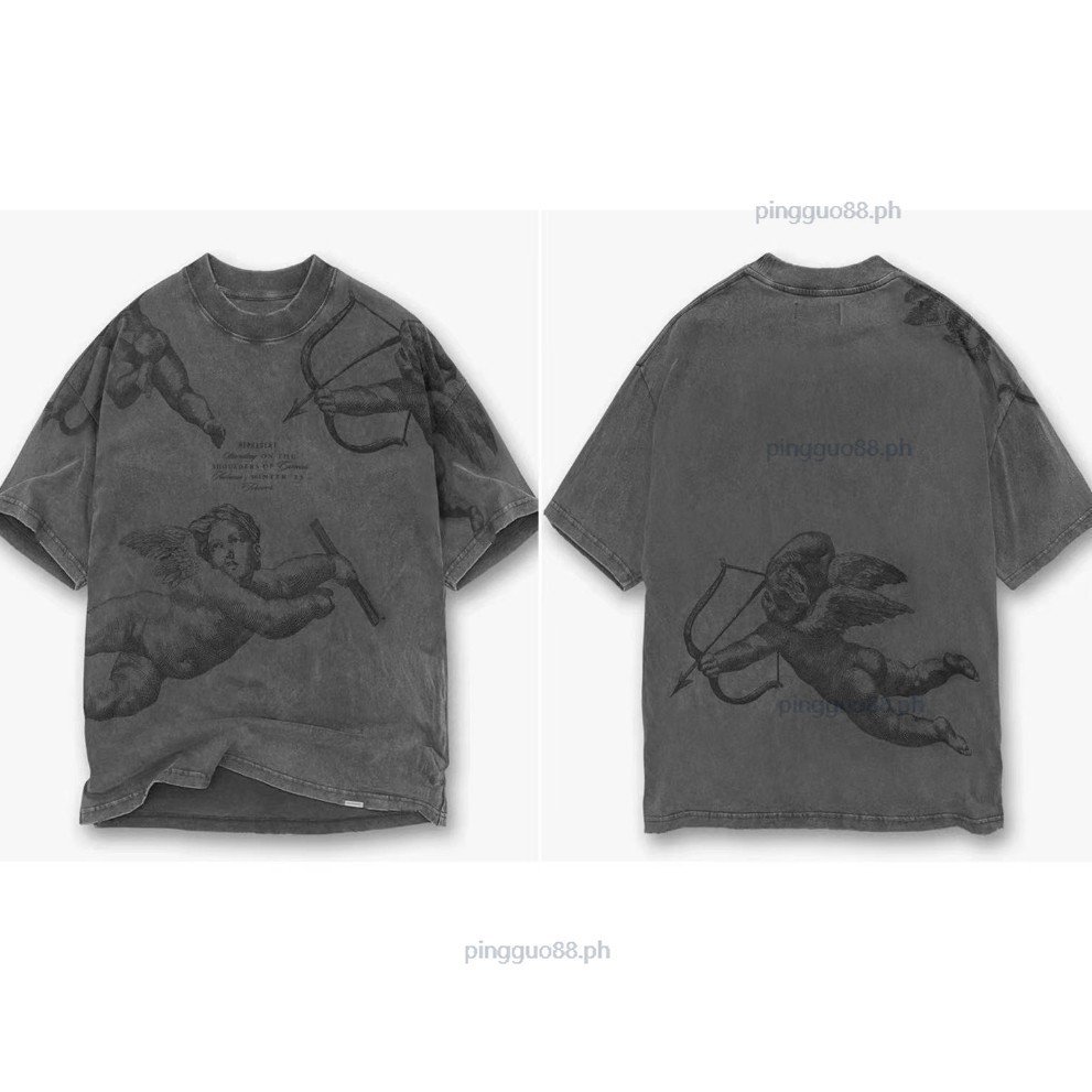 Rept เสื ้ อยืด Little Angel Love God Print Retro Washed Old Loose Round Neck T-shirt