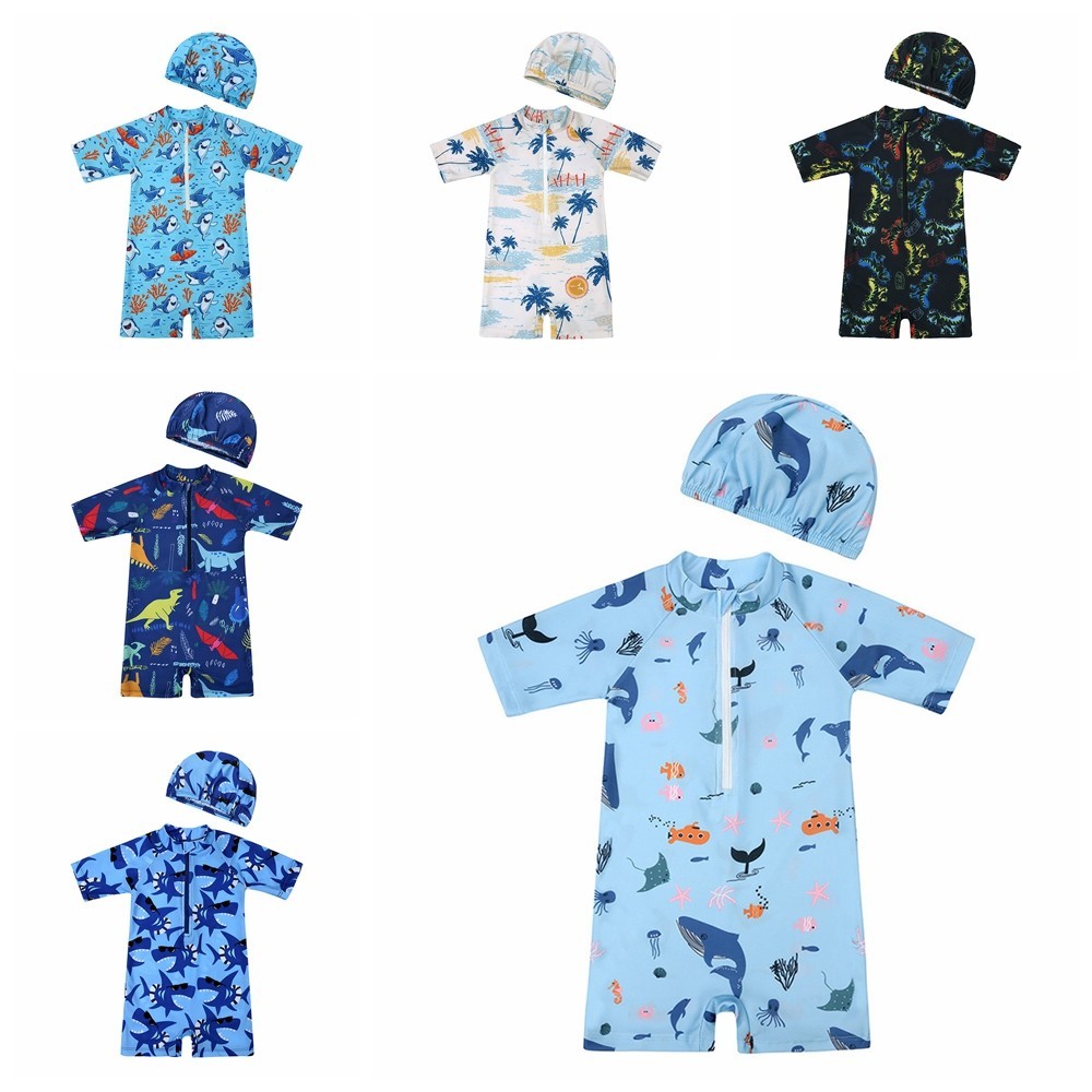 เด็ก Rompers ชุดว่ายน้ํา 1-8 ปีเด็กทารกแขนสั้นชุดว่ายน้ํา + หมวก Swim พิมพ์ไดโนเสาร์ Shark รูปแบบ Quick Dry