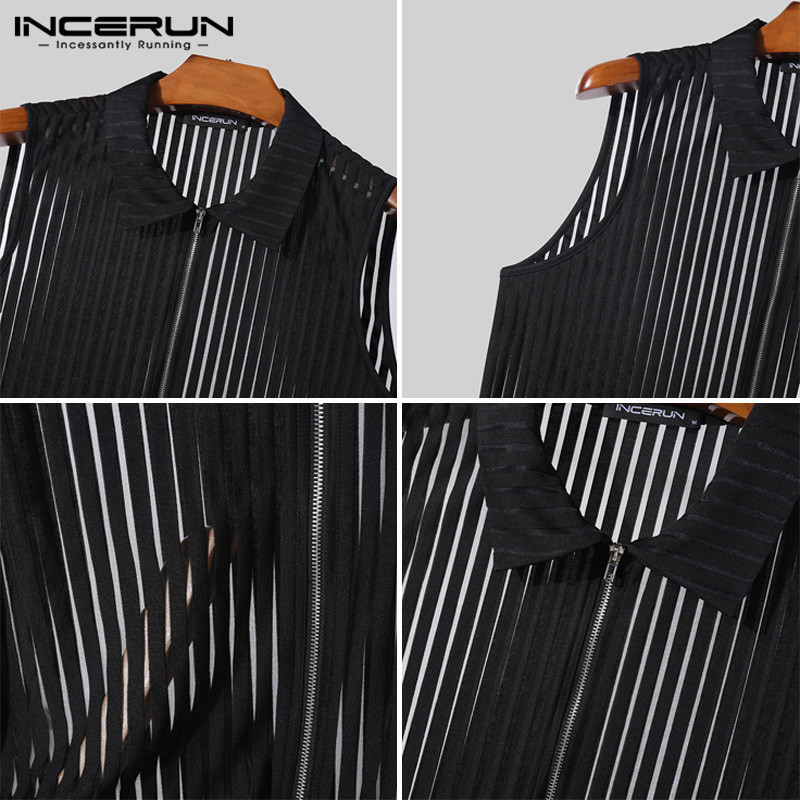 Incerun Men Vintage Daily Casual Vertical Striped Zip Tanks