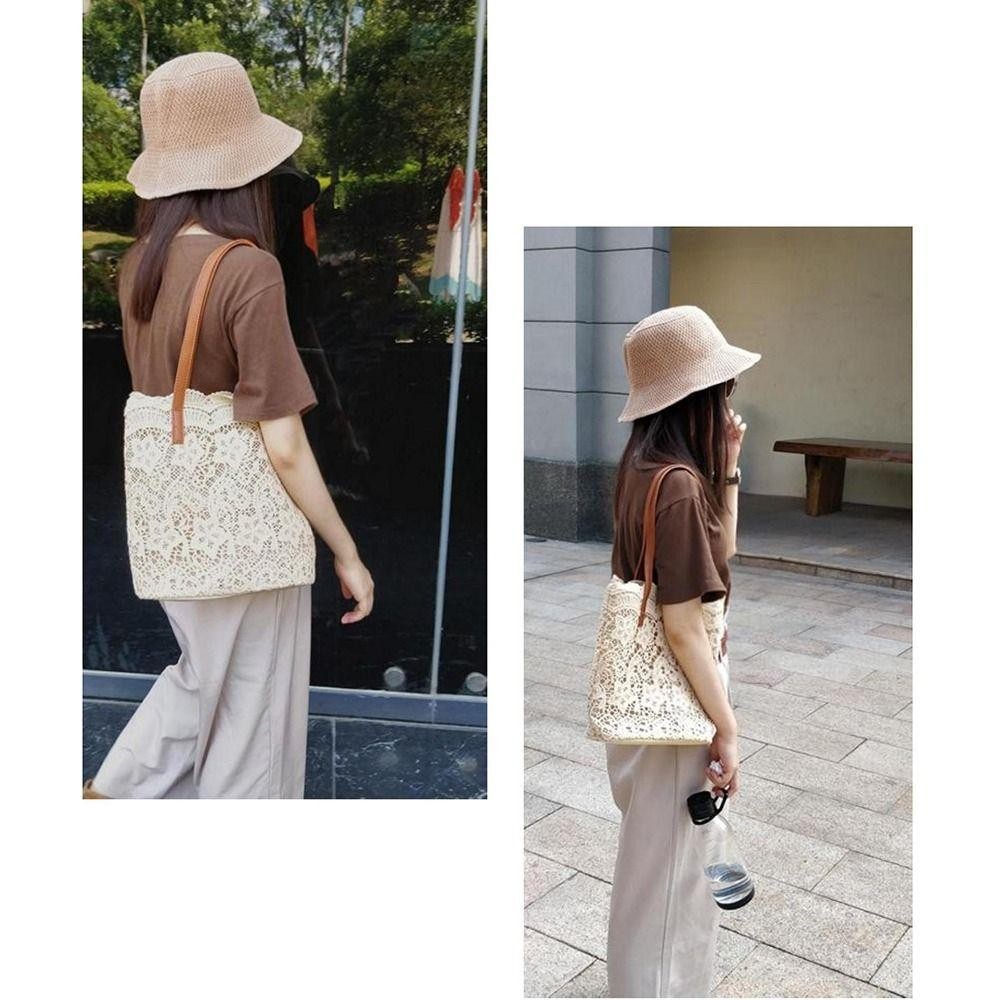 Bersy กระเป๋าถือทอผู้หญิง,Hollow Out Handโครเชต์ลูกไม้กระเป๋าสะพาย,Elegant Long Lasting TOP-Handleน้ําหนักเบาโครเชต์ดอกไม้Tote Sandy Beach