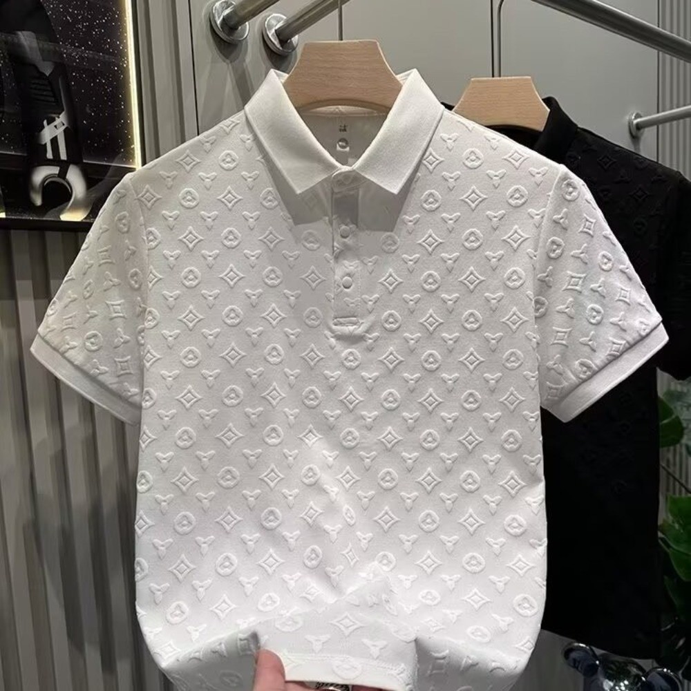 แฟชั่นหรูหรา Jacquard Casual POLO เสื้อฤดูร้อนสบาย Breathable เยาวชน Slim-fit ปกครึ่งแขน T @-