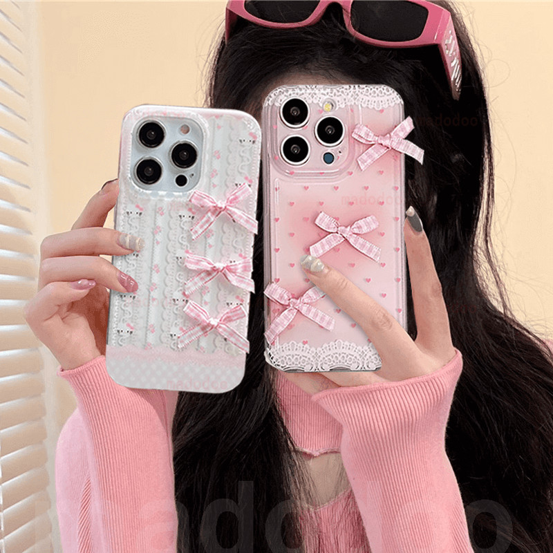 3D Bow เคส  For OPPO Reno 15ProMax 15F 15 Max 14F 14 13 12F 12 11F 11 F 10 Pro Plus 5G 10Pro+ 5F 5 6 Lite 8Z 7Z 8T 4G 8 7 5Z 6 Z 6Z 4F F25 A93 A5 A3X A3 Cartoon Fine Hole Lens Anti-fall BFF Strap Transparent Full Screen Cute Gradient Pink TM 11