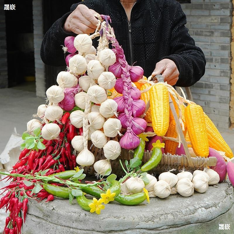 กระเทียม หอมแดง ปลอม อาหารแห้งปลอม แขวนผนัง ผักปลอม งานสวยสมจริง สำหรับตกแต่งร้านค้า พร๊อพถ่ายภาพ Props