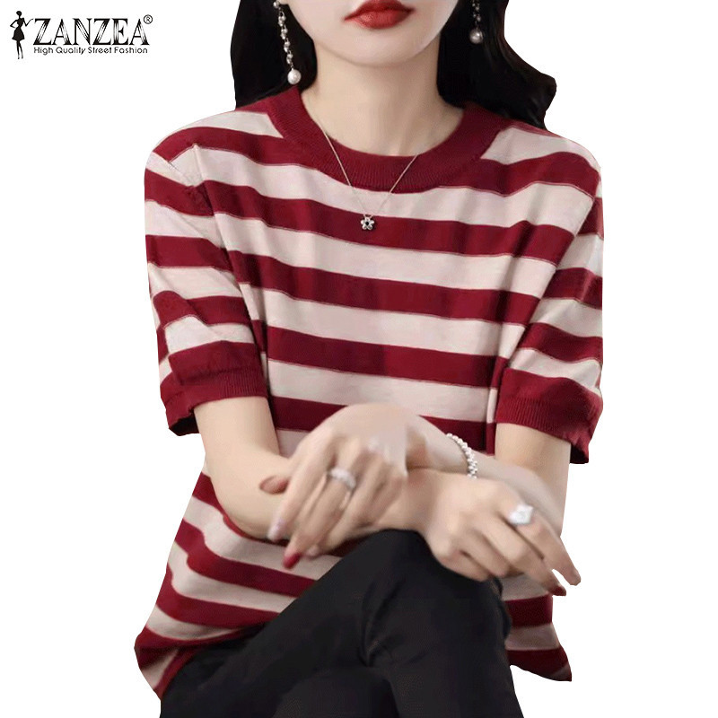 Zanzea เสื ้ อยืดลายทางแขนสั ้ นคอกลมเกาหลีผู ้ หญิง