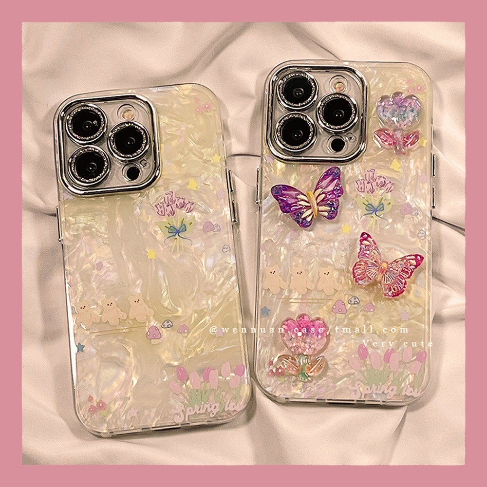 เคสไอโฟน เต็มร่างกายกันกระแทกฮาร์ดกรณี ไอโฟน 11เกาหลีฤดูใบไม้ผลิ3ง ดอกไม้ผีเสื้อชุบไฟฟ้ากล้องป้องกันกรณีสําหรับ ไอโฟน 15 14 13 12 11 มือโปร สูงสุด