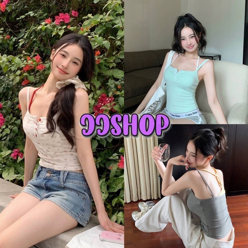 JJ Shop​ ​พร้อมส่ง เสื้อสายเดี่ยว แต่งดีเทล2ชั้น มีฟองน้ำ น่ารักสุด สีสีนสดใส สวยไม่ซ้ำ "FY6620-L"