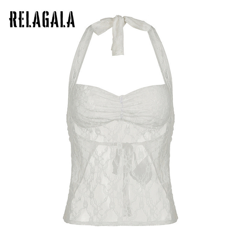 Relagala ผู ้ หญิง 2024 ใหม ่ แฟชั ่ นลูกไม ้ ตาข ่ ายดูผ ่ านสีทึบสายคล ้ องคอ Crop Top
