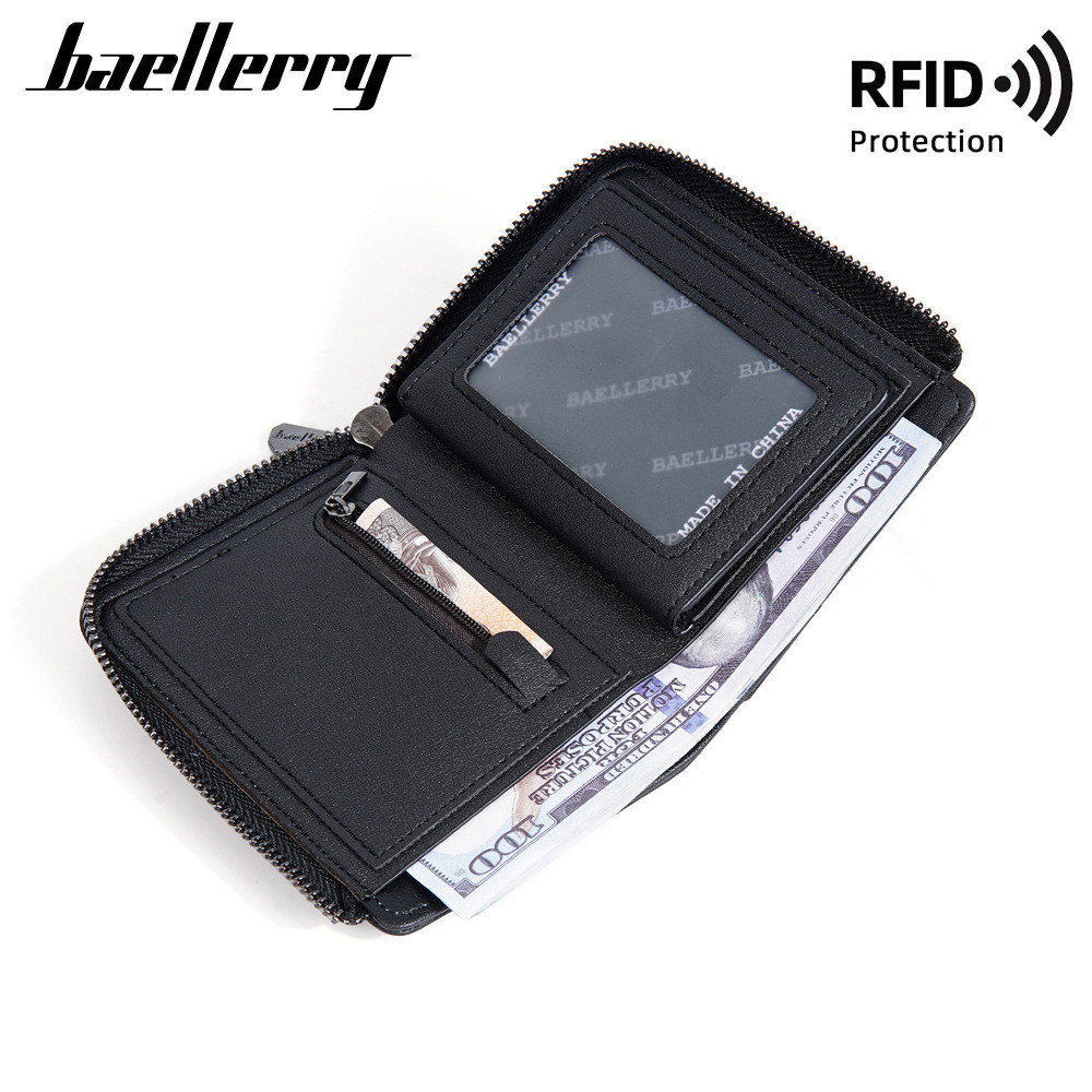Baellerry ธุรกิจซิปเรียบง่ายกระเป๋าใส่เหรียญป้องกันแม่เหล็กกระเป๋าสตางค์หลายบัตรใหม่ผ้าใบหนังผู้ชายกระเป๋าสตางค์สั้น