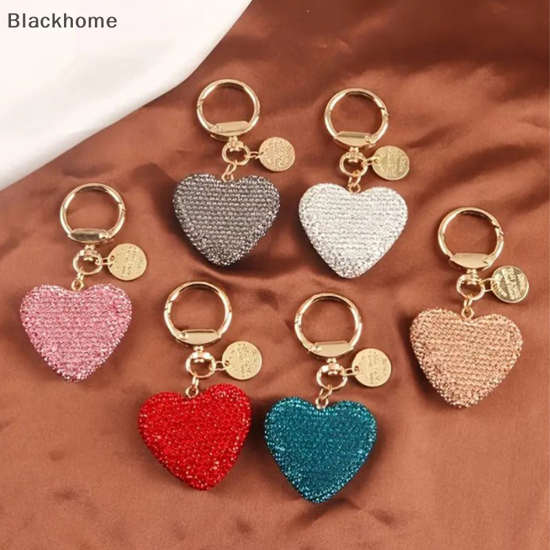 ACK Full Rhinestone หัวใจพวงกุญแจผู้หญิงกระเป๋าถือจี้พวงกุญแจคริสตัลสีทึบคู่ Peach Heart Key แหวน N