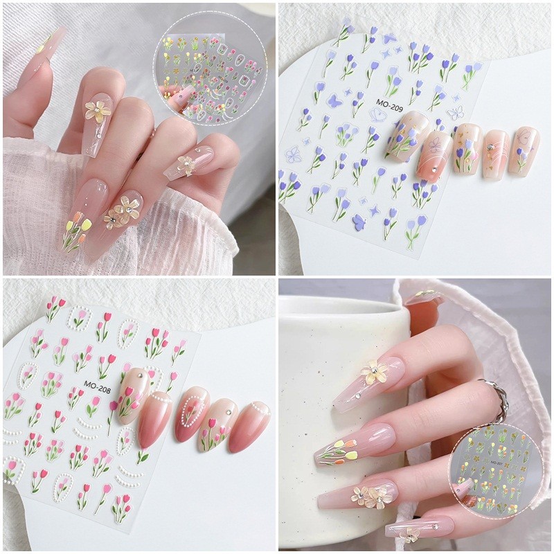 Ins สติ๊กเกอร์ติดเล็บ Creative 3D Tulip Nail Patch Simple Cute Daisy Nail Patch Girl Fashion Accessories